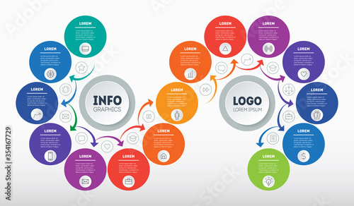 Business presentation or info graphics with 15 steps. Technological or education process. Template of Annual report is segmented into Fifteen parts, with arrows. Step-by-step path to success.