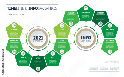 Timeline or infographics with 12 parts. Agricultural production calendar template. The development and growth of the business. Eco Business concept with Twelve options or steps.