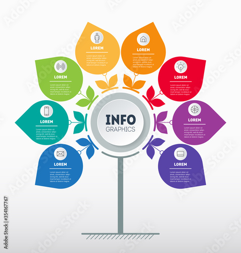 Business presentation or infographics concept with 8 options. The chart in the shape of a flower. Info graphic of technology or education process with eight steps. Vector.