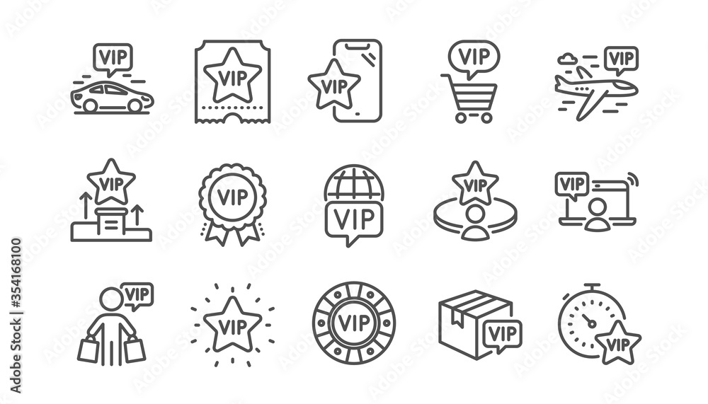 Vip line icons set. Casino chips, Certificate, delivery parcel. Very important person, player table, vip buyer icons. Crown, casino ticket, business class flight. Membership privilege. Vector