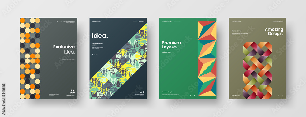 Company identity brochure template collection. Business presentation vector A4 vertical orientation front page mock up set. Corporate report cover abstract geometric illustration design layout bundle. Company identity brochure template collection. Business presentation vector A4 vertical orientation front page mock up set. Corporate report cover abstract geometric illustration design layout bundle.