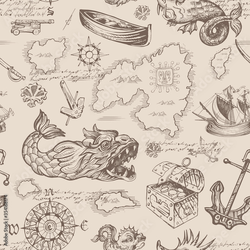 Vector abstract seamless pattern on the theme of travel, adventure and discovery. Vintage repeating background with hand-drawn sailboats, map, anchors and sea monsters.