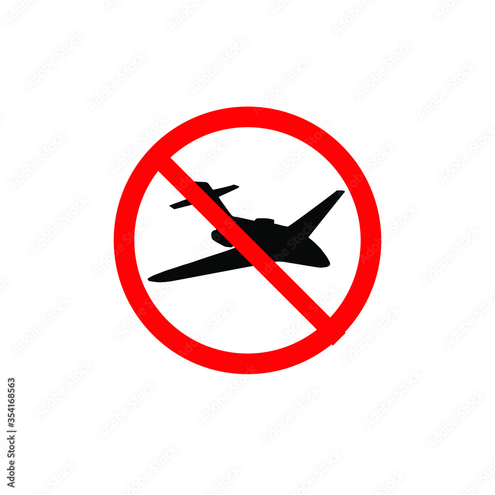 Vector black flying airplane plane silhouette in red circle crossed isolated on white background. Coronavirus pandemic quarantine no flight permission Vector black flying airplane plane silhouette in red circle crossed isolated on white background. Coronavirus pandemic quarantine no flight permission