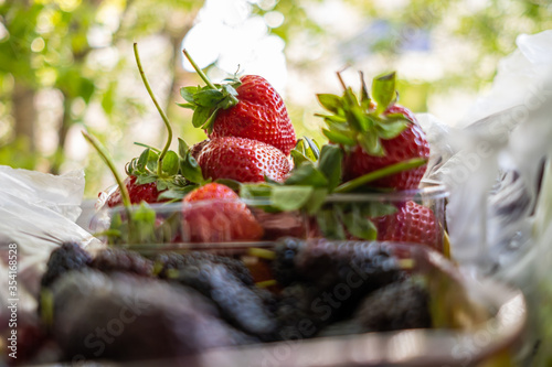 Strawberry and mulberry in the plastic bowl with yellow plastic bag and others vegetables