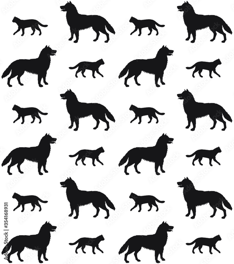 Obraz premium Vector seamless pattern of black cats and dogs silhouette isolated on white background