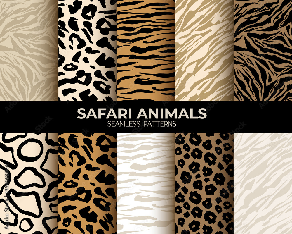 Animal fur print seamless patterns, leopard, tiger and zebra seamless  backgrounds, vector abstract texture. African animals fur, jungle  camouflage skin hair patterns, simple flat brown, beige set Stock Vector |  Adobe Stock