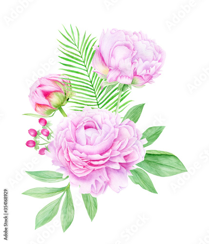 Watercolor pink peony flowers composition with leaves and berries. Botanical illustration isolated on white background.