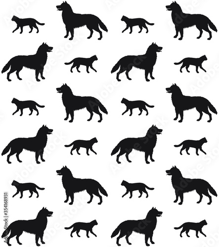Vector seamless pattern of black cats and dogs silhouette isolated on white background