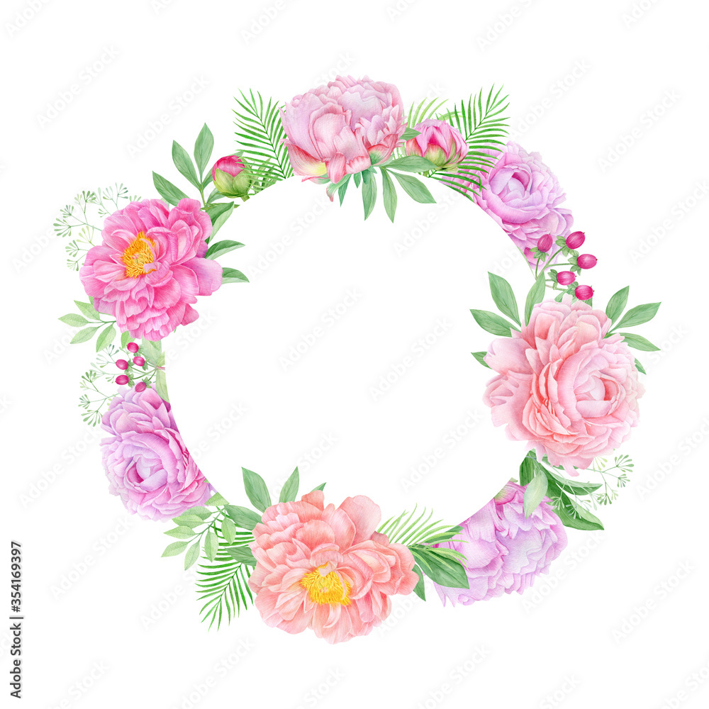 Fototapeta premium Watercolor peonies flowers frame, round floral wreath with pink peony flowers and green leaves. Botanical illustration, template for wedding invitation