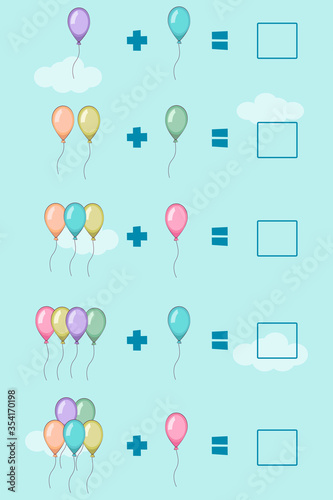 Educational a mathematical game. Counting game for preschool children. Count the number of balloons and write the result.