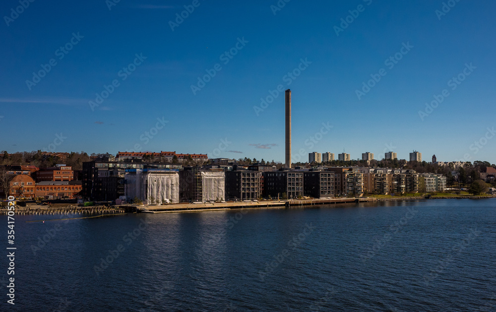 April 22, 2018 Stockholm, Sweden. High-rise modern residential buildings on the high coast of the Baltic Sea in Stockholm