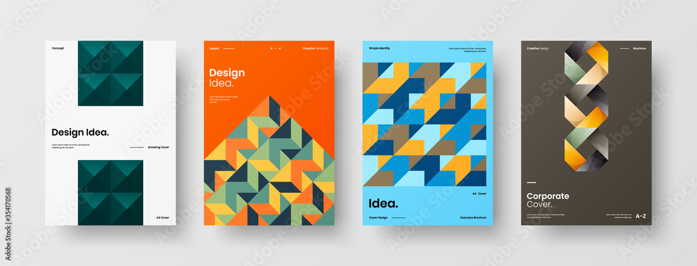 Fototapeta premium Company identity brochure template collection. Business presentation vector A4 vertical orientation front page mock up set. Corporate report cover abstract geometric illustration design layout bundle.