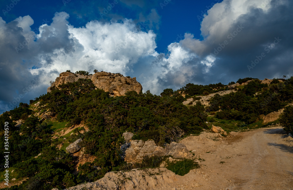Cedar-covered hills on the Mediterranean coast on the island of Cyprus.