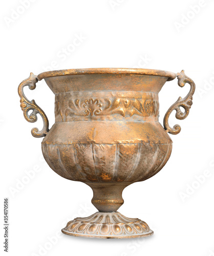 Antique bronze vase with scratches and shabby, isolated on a white background, for home decor.