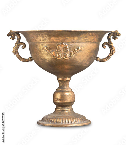 Antique bronze vase with scratches and shabby, isolated on a white background, for home decor.
