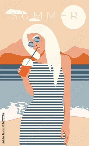 Girl in a dress at the sea drimk lemoande. Poster in retro style. Vector illustration 2