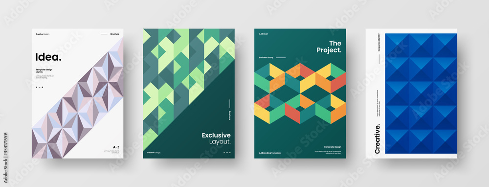 Company identity brochure template collection. Business presentation vector A4 vertical orientation front page mock up set. Corporate report cover abstract geometric illustration design layout bundle. Company identity brochure template collection. Business presentation vector A4 vertical orientation front page mock up set. Corporate report cover abstract geometric illustration design layout bundle.