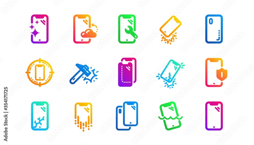 Tempered glass, screen protector and water resistant. Smartphone protection icons. Phone cover, display glass protection and shockproof device icons. Classic set. Gradient patterns. Vector Tempered glass, screen protector and water resistant. Smartphone protection icons. Phone cover, display glass protection and shockproof device icons. Classic set. Gradient patterns. Vector