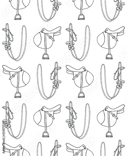 Vector seamless pattern of hand drawn doodle sketch equestrian horse riding equipment isolated on white background