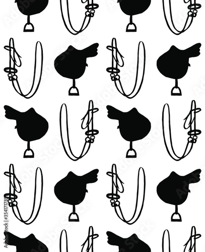 Vector seamless pattern of black hand drawn doodle sketch equestrian horse riding equipment silhouette isolated on white background