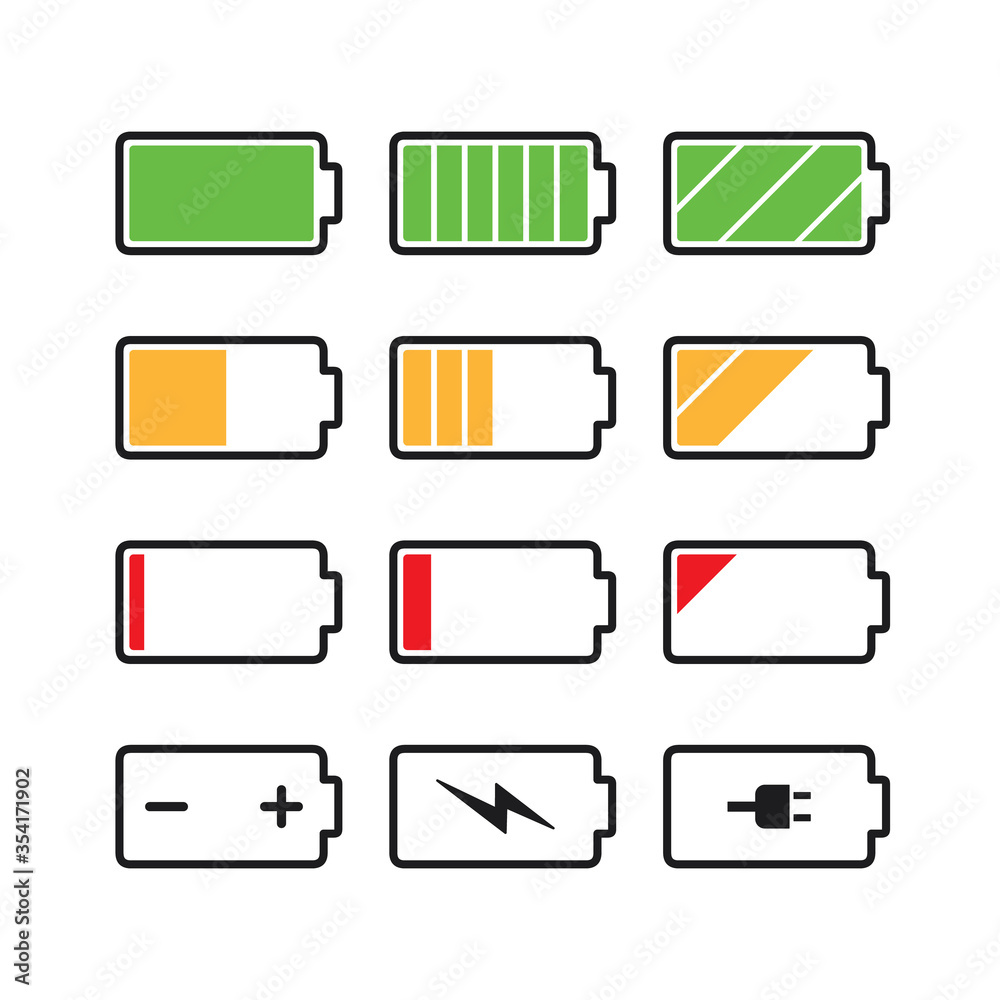 Vektorová grafika „Black battery charge indicator icons in gauge level  status, simple shape power source running charging flat design infographics  vector, app web button ui interface element isolated on white background“ ze