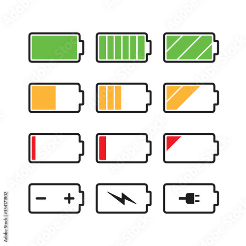 Black battery charge indicator icons in gauge level status, simple shape power source running charging flat design infographics vector, app web button ui interface element isolated on white background