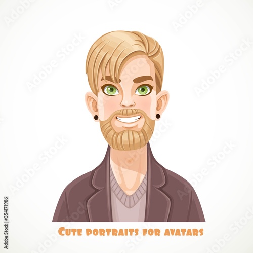 Cute bearded blond men with tunnels in the ears in a casual pullover portrait for avatar isolated on a white background