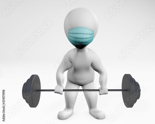 Fatty man with a mask weight lifting 3d rendering