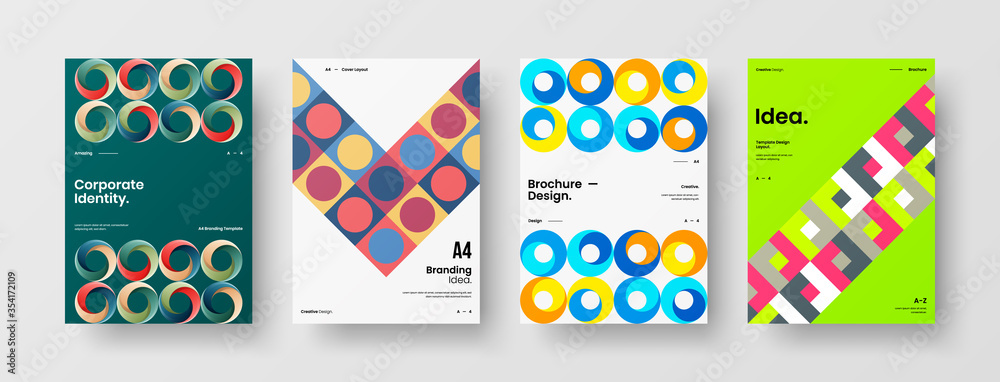 Company identity brochure template collection. Business presentation vector A4 vertical orientation front page mock up set. Corporate report cover abstract geometric illustration design layout bundle. Company identity brochure template collection. Business presentation vector A4 vertical orientation front page mock up set. Corporate report cover abstract geometric illustration design layout bundle.