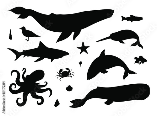 Vector set bundle of black hand drawn doodle sketch sea animals and fish silhouette isolated on white background
