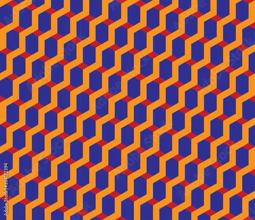 Hexagonal seamless vector pattern. Light orange zig zag diagonal stripes and red rhombi on purple background create optical illusion of volume and steps going up. Simple and modern textile design.