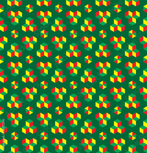 Isometric seamless vector pattern for kids. Bright geometric ornament of building blocks with yellow, green and red surfaces. Pyramid made of kids' cubes and whirligig. Colourful print for children.