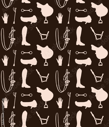 Vector seamless pattern of beige hand drawn doodle sketch equestrian horse riding equipment silhouette isolated on brown background