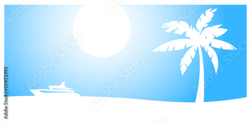 Sunny summer background with a sea, blue sky, a white yacht and a beach with a palm tree silhouette, vector illustration. Blue and white colours.