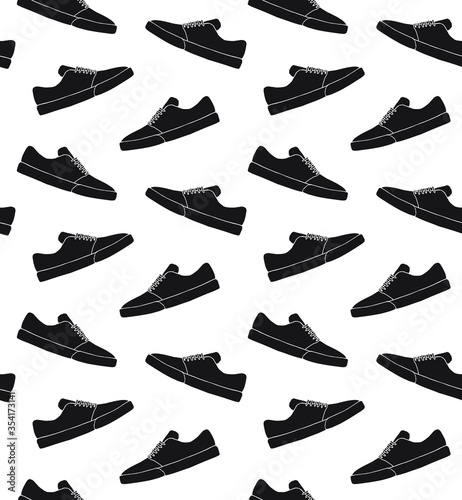 Vector seamless pattern of black hand drawn doodle sketch skate sneaker shoe isolated on white background