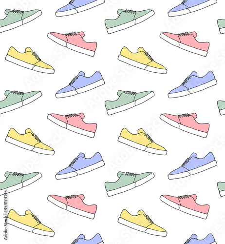Vector seamless pattern of different color hand drawn doodle sketch skate sneaker shoe isolated on white background