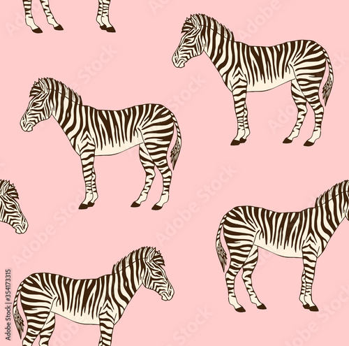 Vector seamless pattern of brown hand drawn doodle sketch zebra isolated on pink background