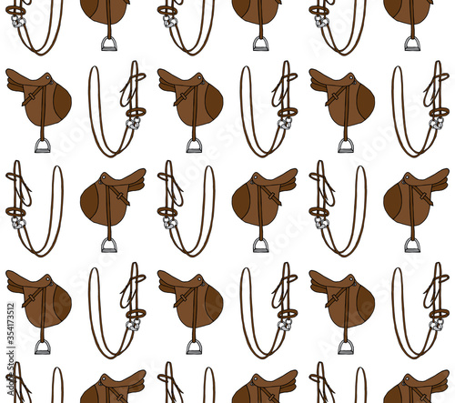 Vector seamless pattern of colored hand drawn doodle sketch equestrian horse bridle and saddle isolated on white background