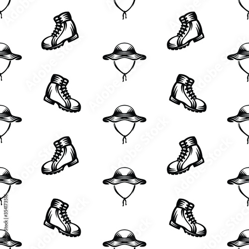 pattern seamless of shoes and hat in style vintage  retro  engraved. - vector illustrations