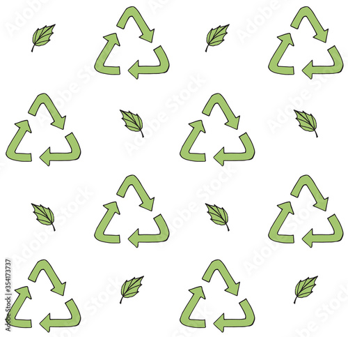 Vector seamless pattern of hand drawn doodle sketch recycle reuse eco green symbol and leaves isolated on white background