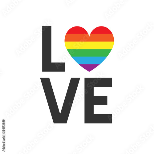 Vector flat cartoon lgbt rainbow flag love heart lettering isolated on white background
