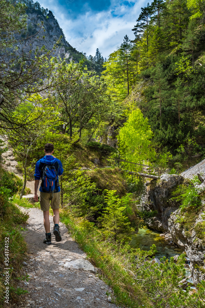 Young Man Hiking Beneath Clear And Wild Mountain River In Green Canyon In Ötschergräben In Austria
