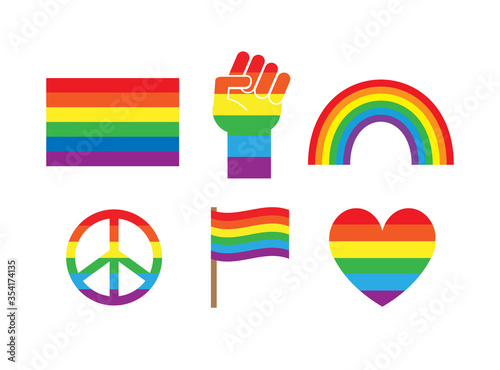 Vector set bundle of flat cartoon lgbt homosexual rainbow flag icon symbols isolated on white background