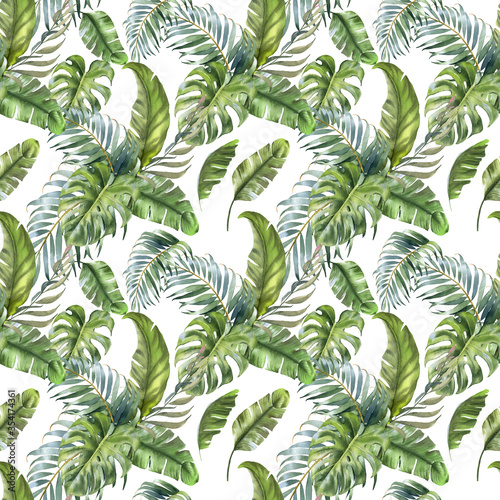 Tropical leaves seamless pattern. Watercolor palm leaf, monstera, banana. Hand painted print for textile design and decoration.