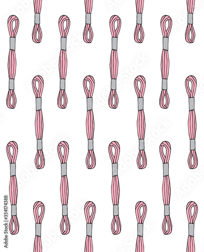 Vector seamless pattern of pink colored hand drawn sketch doodle embroidery floss threads isolated on white background