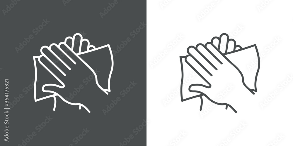Higiene de manos. Icono plano lineal lavarse las manos con toalla húmeda en fondo gris y fondo blanco