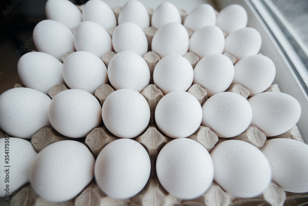 Tray of white fresh eggs close-up on a cardboard form. Agricultural industry Tray of white fresh eggs close-up on a cardboard form. Agricultural industry