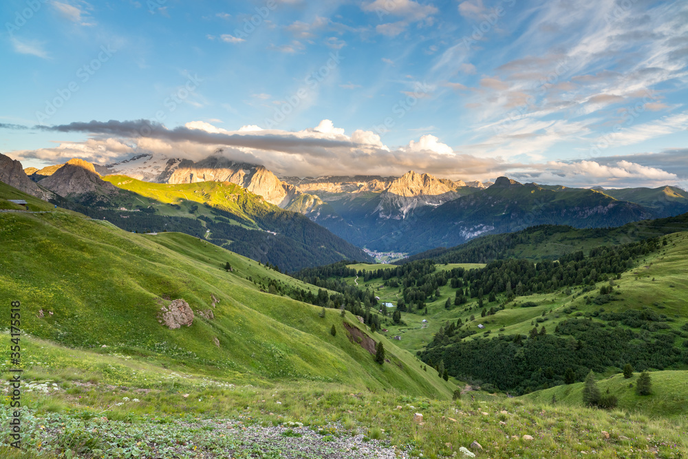 View on Val di Fassa from Passo Sella with Marmolada glacier (3342 m) in the background, Dolomites, Italy