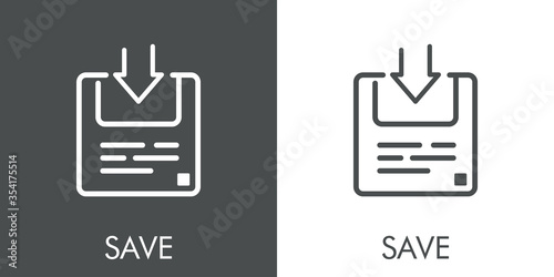 Icono plano lineal texto SAVE en disquete con flecha en fondo gris y fondo blanco