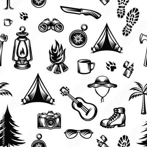 pattern seamless of mug, ax, footprints of shoes, palm tree, shoe, binocular, footprints, campfire, hat, guitar, tent, pine tree, lantern, camera, eyeglasses, compass in style vintage, engraved